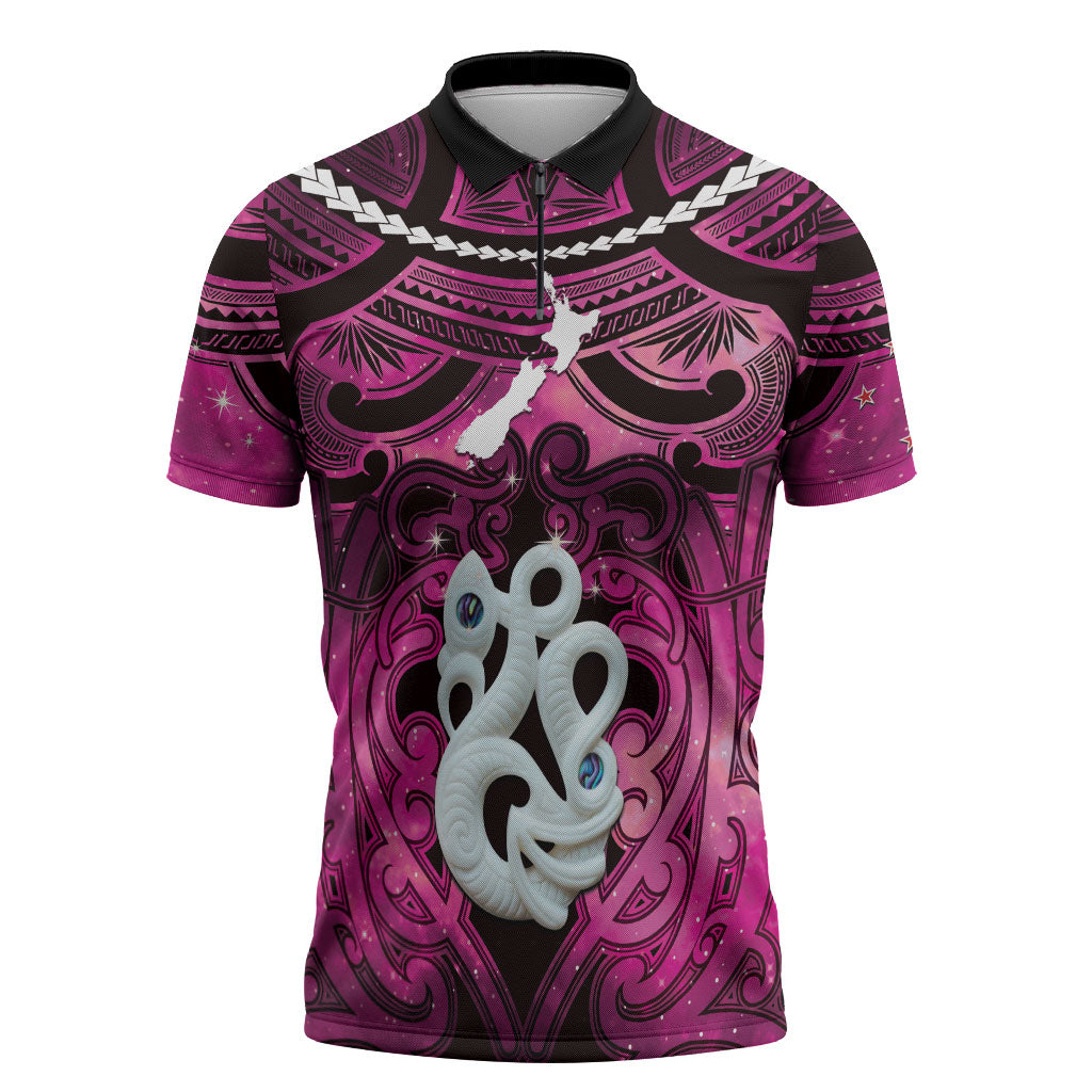 Personalised Maori Matariki Manaia Mawhero Zipper Polo Shirt Maori Kowhaiwhai Pattern Galaxy