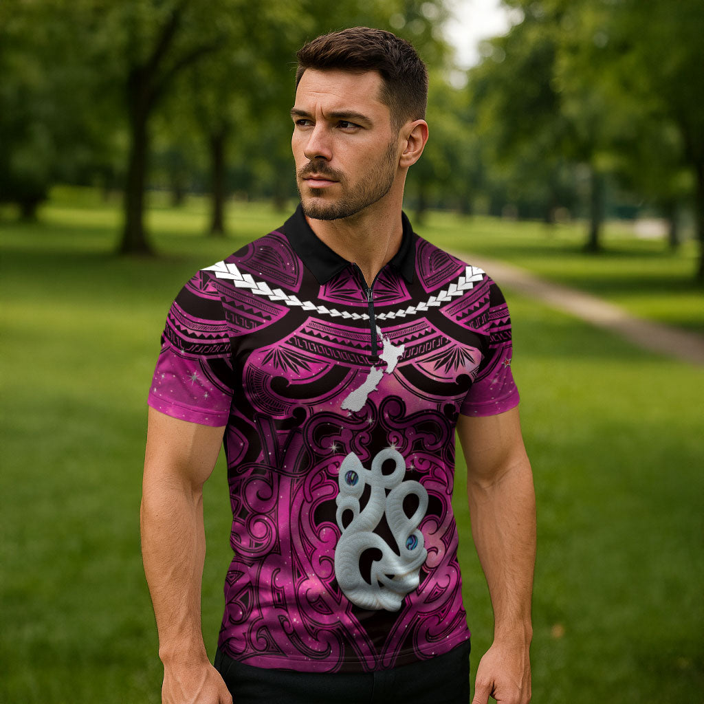 Personalised Maori Matariki Manaia Mawhero Zipper Polo Shirt Maori Kowhaiwhai Pattern Galaxy