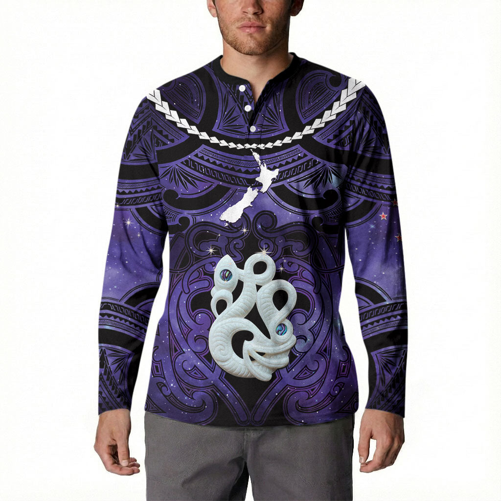 Personalised Maori Matariki Manaia Waiporoporo Button Sweatshirt Maori Kowhaiwhai Pattern Galaxy