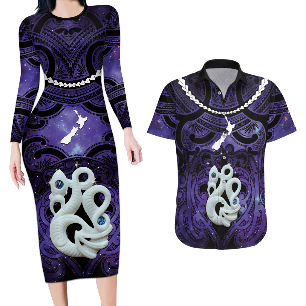 Personalised Maori Matariki Manaia Waiporoporo Couples Matching Long Sleeve Bodycon Dress and Hawaiian Shirt Maori Kowhaiwhai Pattern Galaxy LT01 Purple - Polynesian Pride