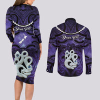 Personalised Maori Matariki Manaia Waiporoporo Couples Matching Long Sleeve Bodycon Dress and Long Sleeve Button Shirt Maori Kowhaiwhai Pattern Galaxy LT01 - Polynesian Pride