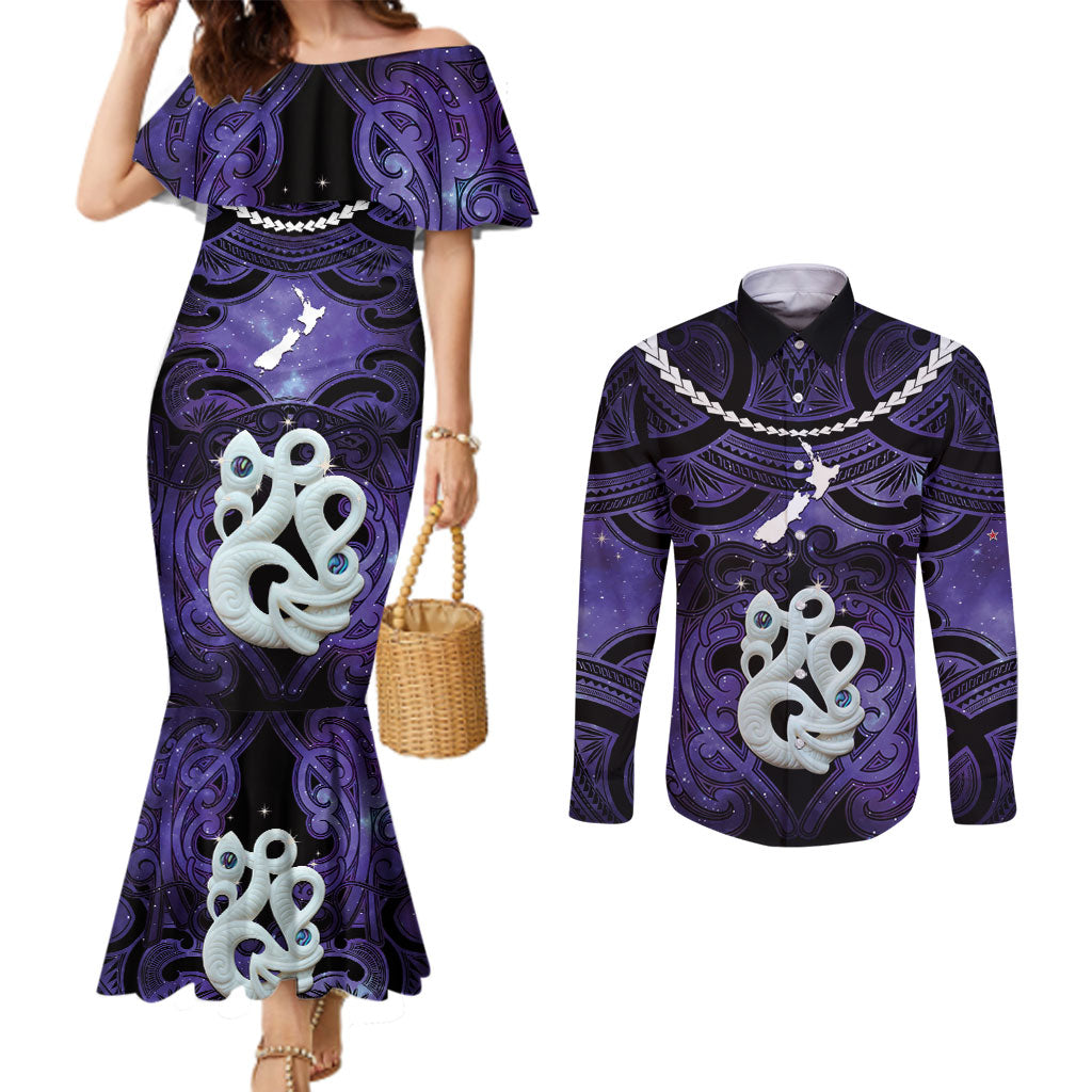 Personalised Maori Matariki Manaia Waiporoporo Couples Matching Mermaid Dress and Long Sleeve Button Shirt Maori Kowhaiwhai Pattern Galaxy LT01 Purple - Polynesian Pride
