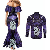 Personalised Maori Matariki Manaia Waiporoporo Couples Matching Mermaid Dress and Long Sleeve Button Shirt Maori Kowhaiwhai Pattern Galaxy LT01 - Polynesian Pride