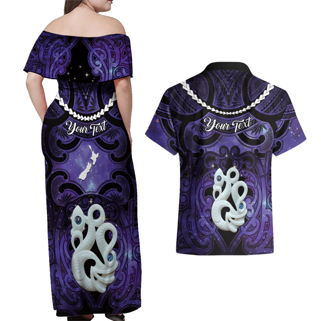Personalised Maori Matariki Manaia Waiporoporo Couples Matching Off Shoulder Maxi Dress and Hawaiian Shirt Maori Kowhaiwhai Pattern Galaxy LT01 - Polynesian Pride