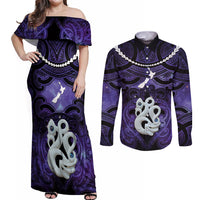 Personalised Maori Matariki Manaia Waiporoporo Couples Matching Off Shoulder Maxi Dress and Long Sleeve Button Shirt Maori Kowhaiwhai Pattern Galaxy LT01 Purple - Polynesian Pride