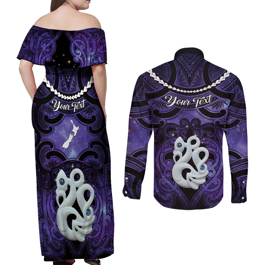 Personalised Maori Matariki Manaia Waiporoporo Couples Matching Off Shoulder Maxi Dress and Long Sleeve Button Shirt Maori Kowhaiwhai Pattern Galaxy LT01 - Polynesian Pride