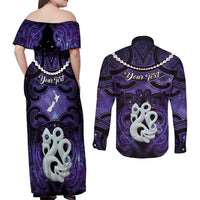 Personalised Maori Matariki Manaia Waiporoporo Couples Matching Off Shoulder Maxi Dress and Long Sleeve Button Shirt Maori Kowhaiwhai Pattern Galaxy LT01 - Polynesian Pride