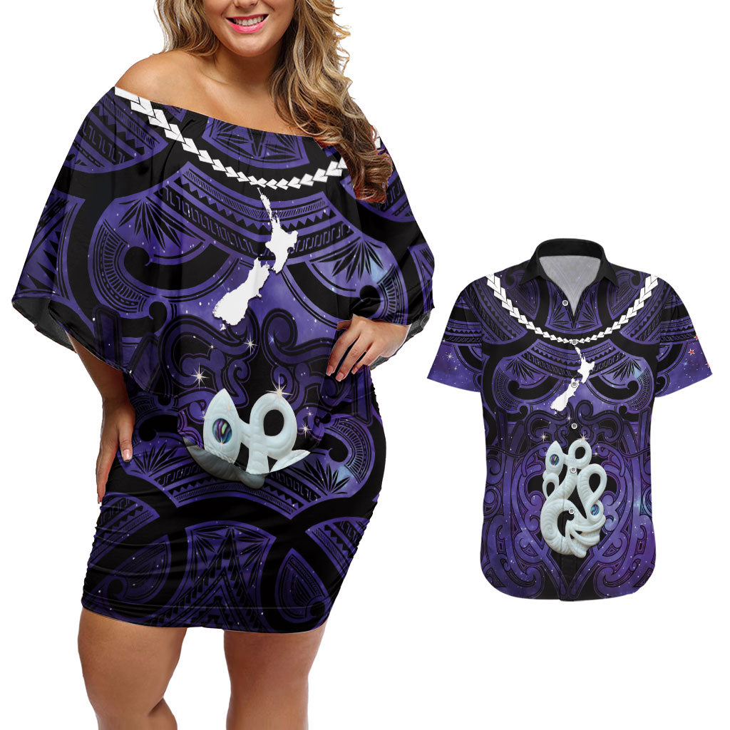 Personalised Maori Matariki Manaia Waiporoporo Couples Matching Off Shoulder Short Dress and Hawaiian Shirt Maori Kowhaiwhai Pattern Galaxy