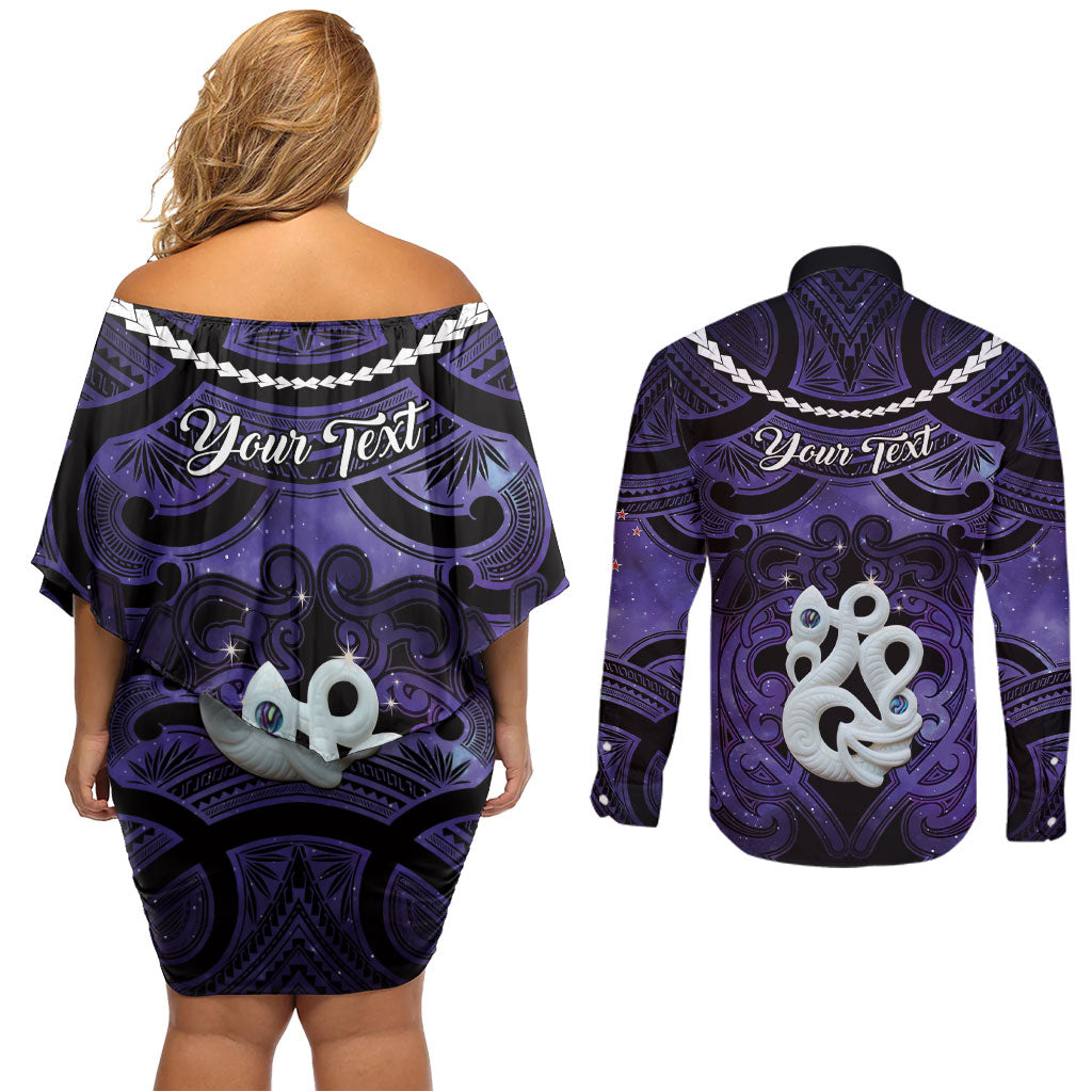 Personalised Maori Matariki Manaia Waiporoporo Couples Matching Off Shoulder Short Dress and Long Sleeve Button Shirt Maori Kowhaiwhai Pattern Galaxy LT01 - Polynesian Pride