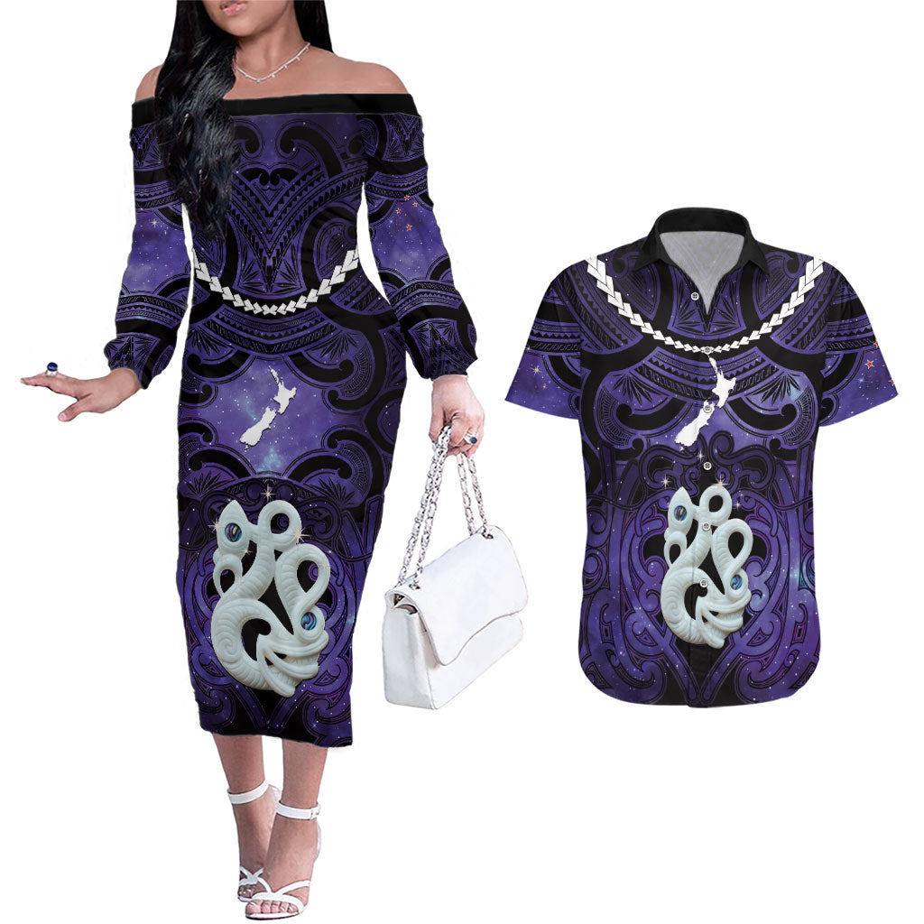 Personalised Maori Matariki Manaia Waiporoporo Couples Matching Off The Shoulder Long Sleeve Dress and Hawaiian Shirt Maori Kowhaiwhai Pattern Galaxy LT01 Purple - Polynesian Pride