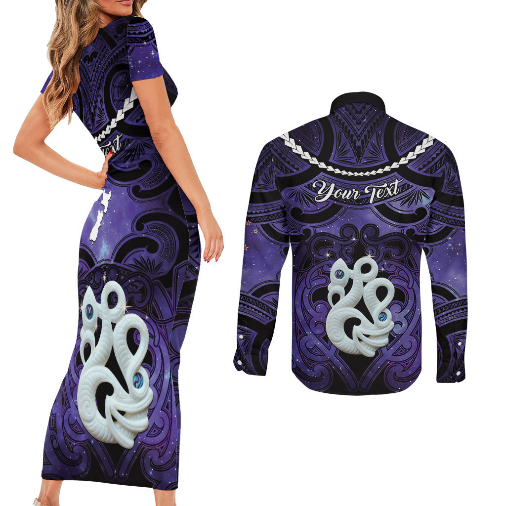 Personalised Maori Matariki Manaia Waiporoporo Couples Matching Short Sleeve Bodycon Dress and Long Sleeve Button Shirt Maori Kowhaiwhai Pattern Galaxy LT01 - Polynesian Pride