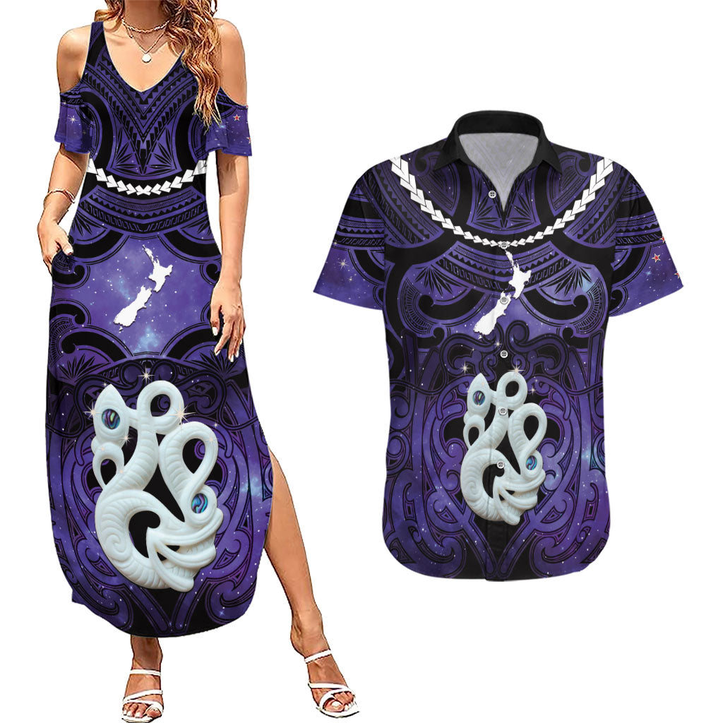 Personalised Maori Matariki Manaia Waiporoporo Couples Matching Summer Maxi Dress and Hawaiian Shirt Maori Kowhaiwhai Pattern Galaxy