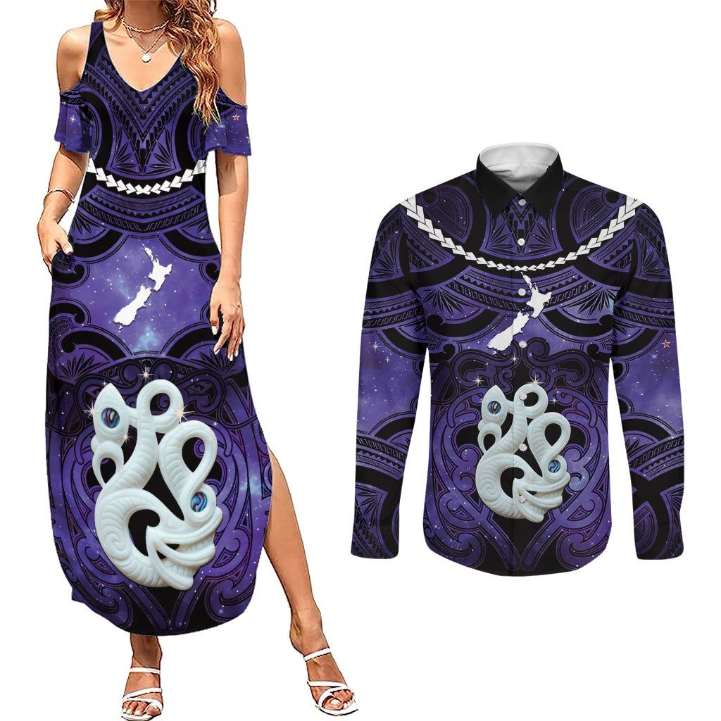 Personalised Maori Matariki Manaia Waiporoporo Couples Matching Summer Maxi Dress and Long Sleeve Button Shirt Maori Kowhaiwhai Pattern Galaxy LT01 Purple - Polynesian Pride