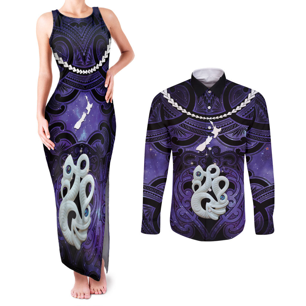 Personalised Maori Matariki Manaia Waiporoporo Couples Matching Tank Maxi Dress and Long Sleeve Button Shirt Maori Kowhaiwhai Pattern Galaxy LT01 Purple - Polynesian Pride