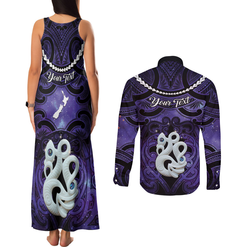 Personalised Maori Matariki Manaia Waiporoporo Couples Matching Tank Maxi Dress and Long Sleeve Button Shirt Maori Kowhaiwhai Pattern Galaxy LT01 - Polynesian Pride