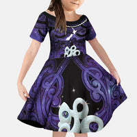Personalised Maori Matariki Manaia Waiporoporo Family Matching Mermaid Dress and Hawaiian Shirt Maori Kowhaiwhai Pattern Galaxy LT01 Daughter's Dress Purple - Polynesian Pride
