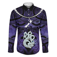 Personalised Maori Matariki Manaia Waiporoporo Family Matching Off The Shoulder Long Sleeve Dress and Hawaiian Shirt Maori Kowhaiwhai Pattern Galaxy LT01 Dad's Shirt - Long Sleeve Purple - Polynesian Pride