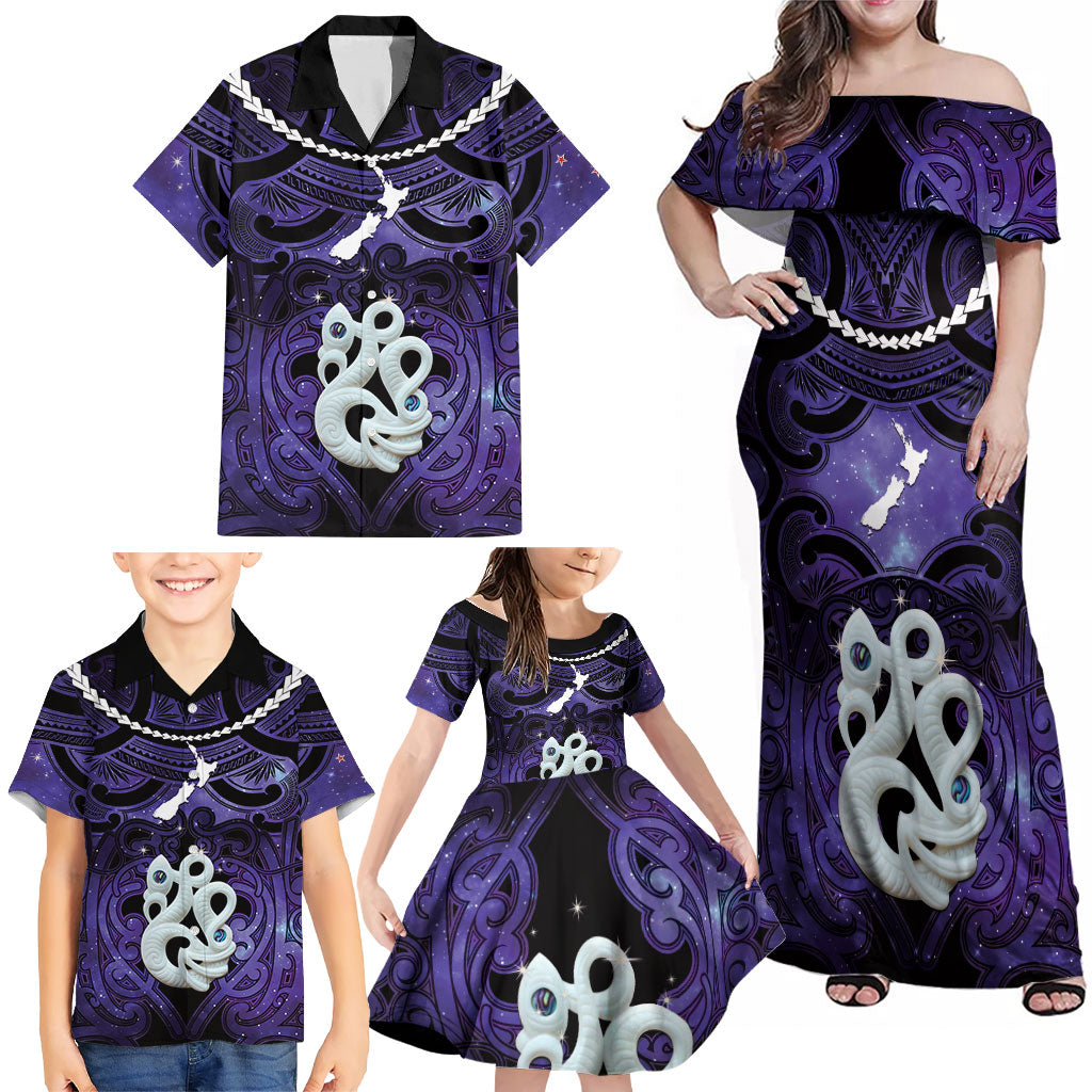 Personalised Maori Matariki Manaia Waiporoporo Family Matching Off Shoulder Maxi Dress and Hawaiian Shirt Maori Kowhaiwhai Pattern Galaxy