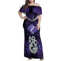 Personalised Maori Matariki Manaia Waiporoporo Family Matching Off Shoulder Maxi Dress and Hawaiian Shirt Maori Kowhaiwhai Pattern Galaxy LT01 Mom's Dress Purple - Polynesian Pride