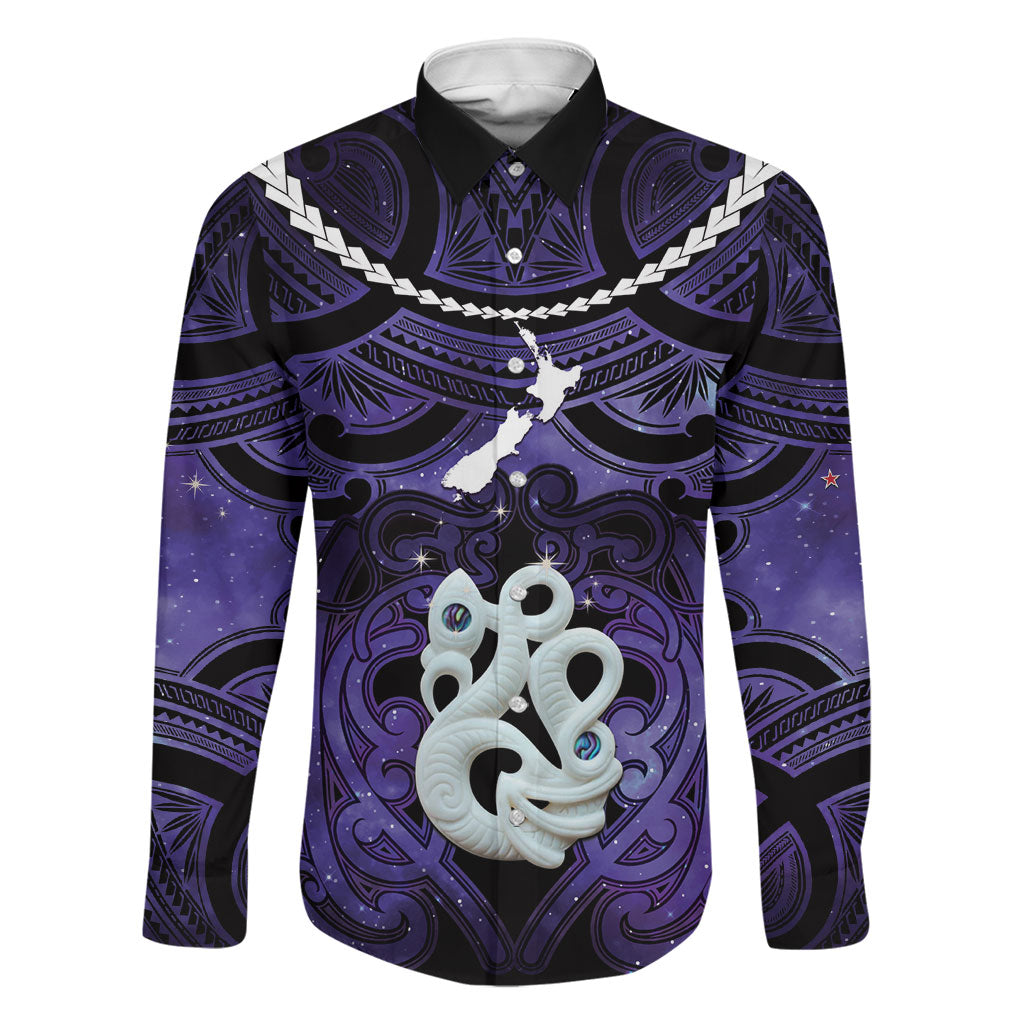 Personalised Maori Matariki Manaia Waiporoporo Family Matching Summer Maxi Dress and Hawaiian Shirt Maori Kowhaiwhai Pattern Galaxy LT01 Dad's Shirt - Long Sleeve Purple - Polynesian Pride