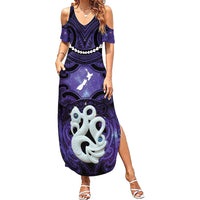 Personalised Maori Matariki Manaia Waiporoporo Family Matching Summer Maxi Dress and Hawaiian Shirt Maori Kowhaiwhai Pattern Galaxy LT01 Mom's Dress Purple - Polynesian Pride