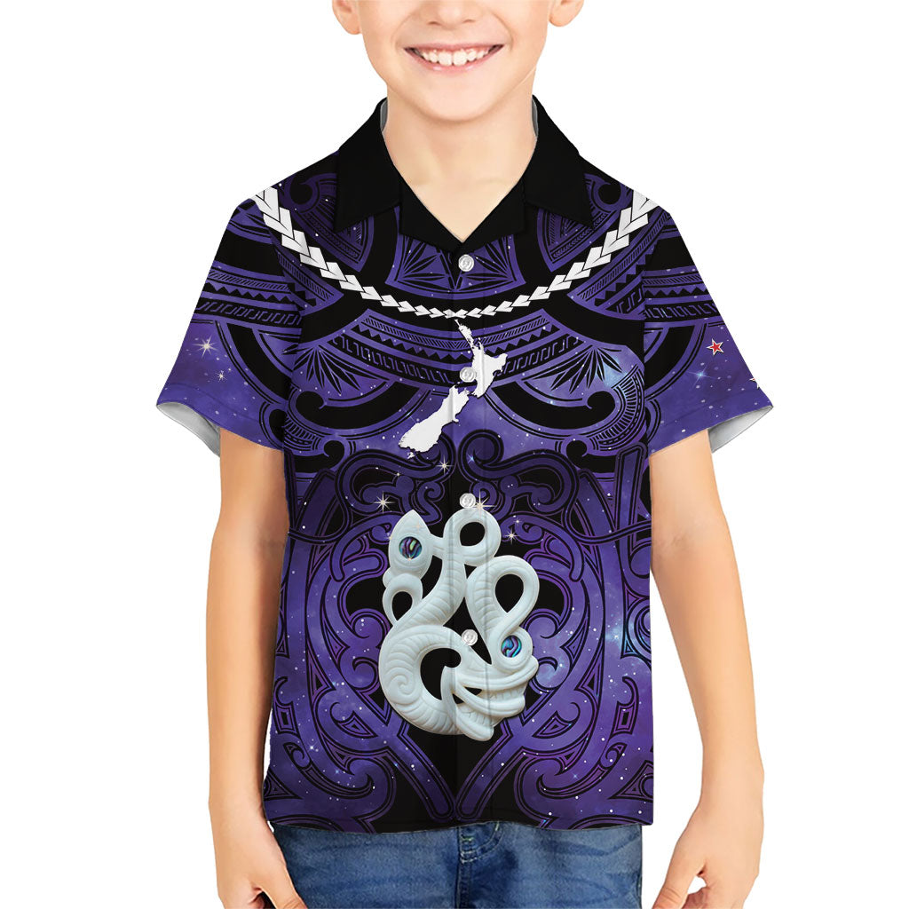 Personalised Maori Matariki Manaia Waiporoporo Family Matching Summer Maxi Dress and Hawaiian Shirt Maori Kowhaiwhai Pattern Galaxy LT01 Son's Shirt Purple - Polynesian Pride
