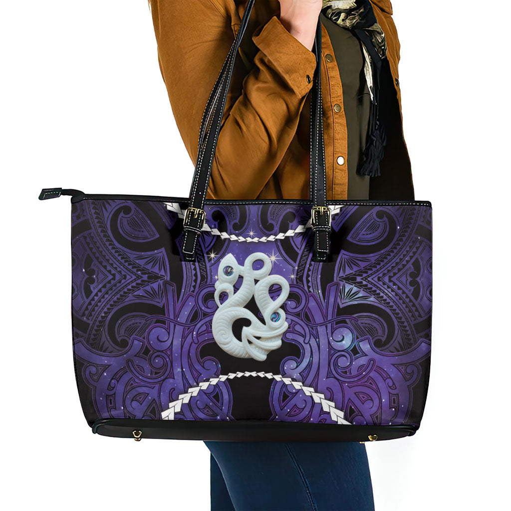 Maori Matariki Manaia Waiporoporo Leather Tote Bag Maori Kowhaiwhai Pattern Galaxy