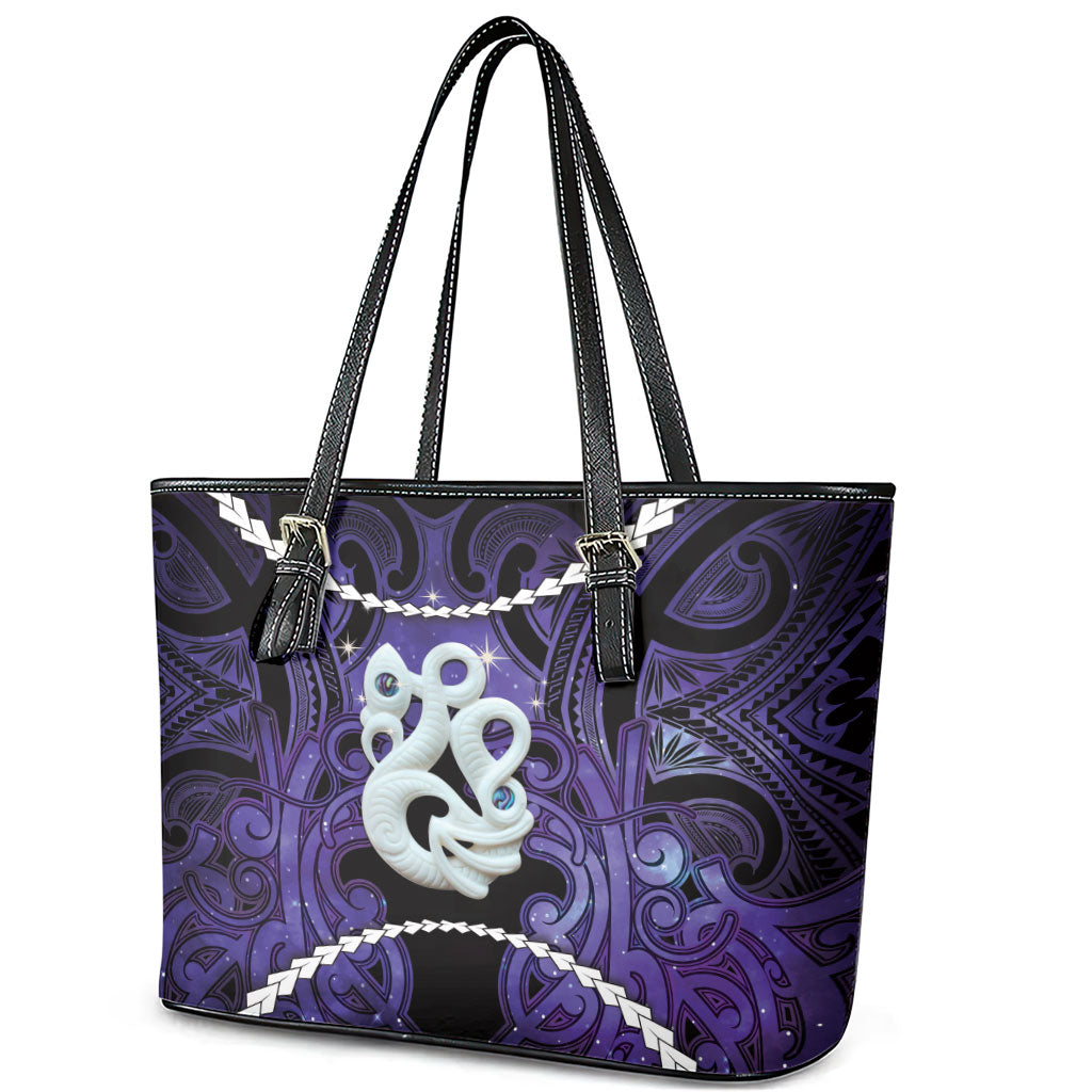 Maori Matariki Manaia Waiporoporo Leather Tote Bag Maori Kowhaiwhai Pattern Galaxy