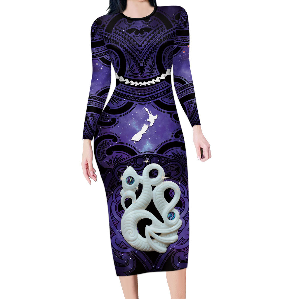 Personalised Maori Matariki Manaia Waiporoporo Long Sleeve Bodycon Dress Maori Kowhaiwhai Pattern Galaxy LT01 Long Dress Purple - Polynesian Pride