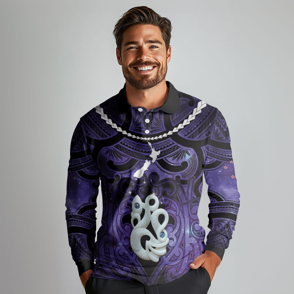 Personalised Maori Matariki Manaia Waiporoporo Long Sleeve Polo Shirt Maori Kowhaiwhai Pattern Galaxy