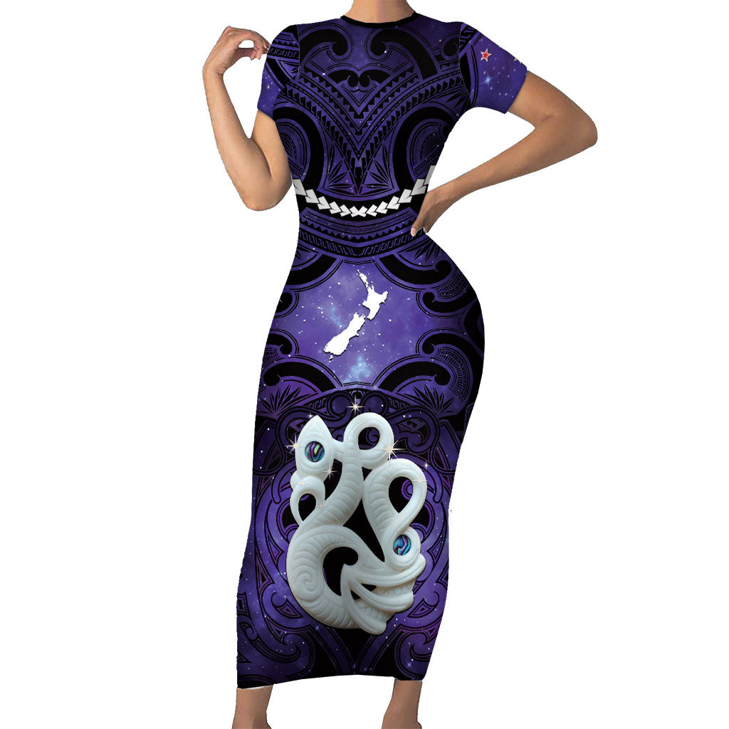 Personalised Maori Matariki Manaia Waiporoporo Short Sleeve Bodycon Dress Maori Kowhaiwhai Pattern Galaxy LT01 Long Dress Purple - Polynesian Pride
