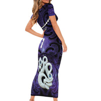 Personalised Maori Matariki Manaia Waiporoporo Short Sleeve Bodycon Dress Maori Kowhaiwhai Pattern Galaxy LT01 - Polynesian Pride