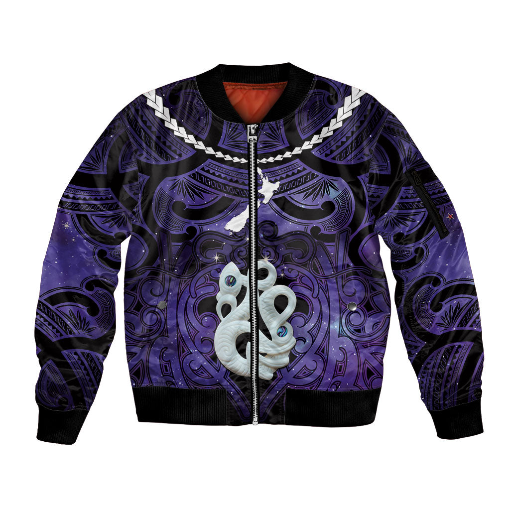 Personalised Maori Matariki Manaia Waiporoporo Sleeve Zip Bomber Jacket Maori Kowhaiwhai Pattern Galaxy