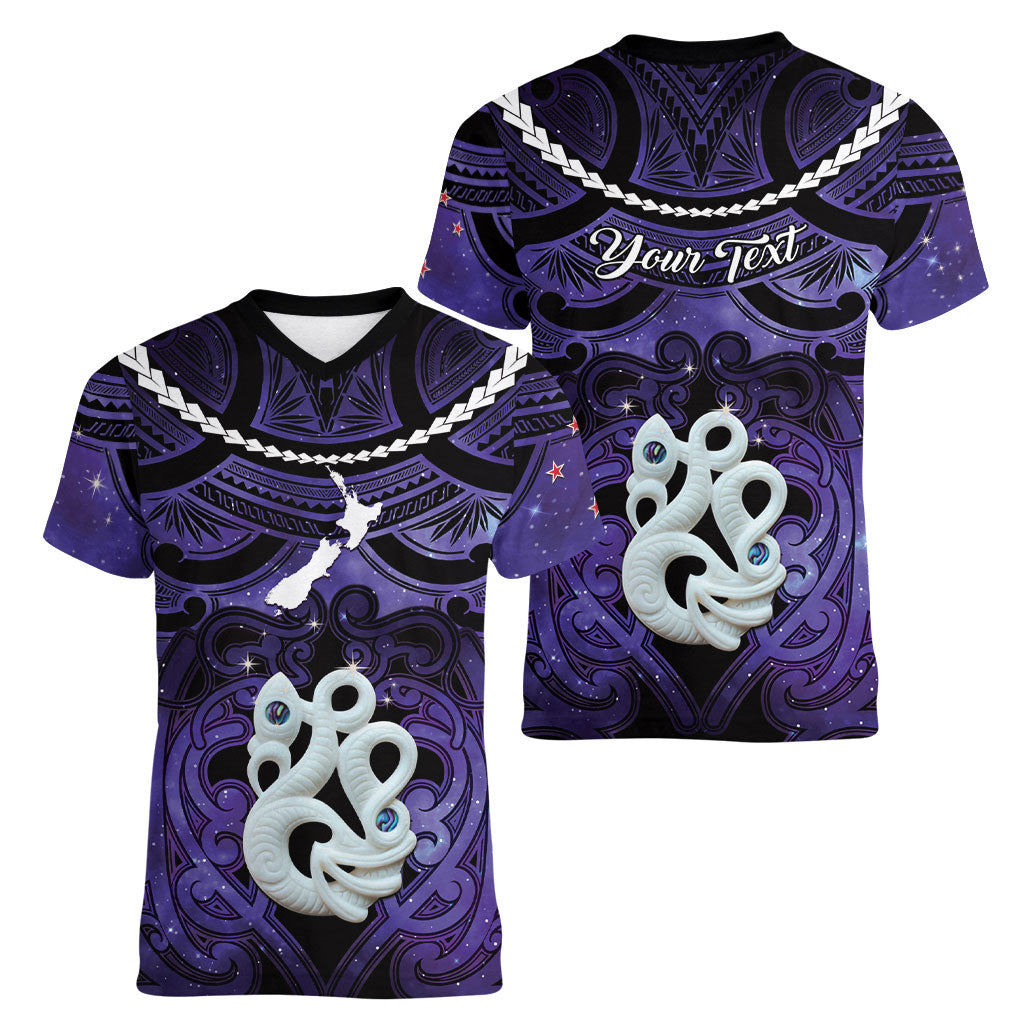 Personalised Maori Matariki Manaia Waiporoporo Women V-Neck T-Shirt Maori Kowhaiwhai Pattern Galaxy LT01 - Polynesian Pride