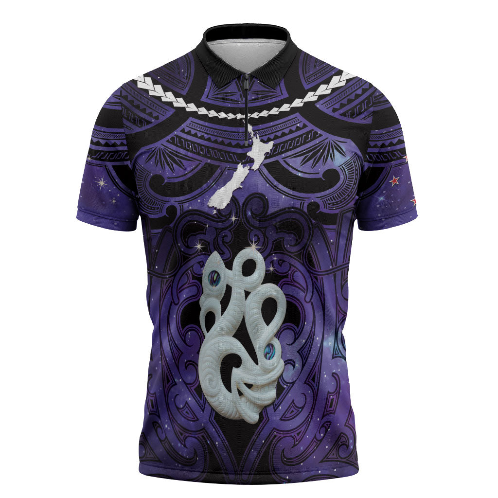 Personalised Maori Matariki Manaia Waiporoporo Zipper Polo Shirt Maori Kowhaiwhai Pattern Galaxy