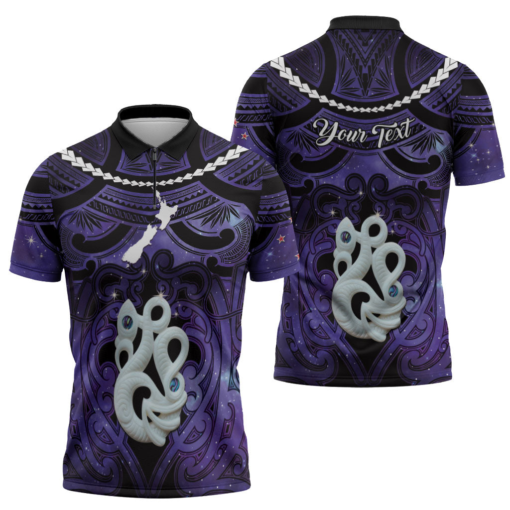 Personalised Maori Matariki Manaia Waiporoporo Zipper Polo Shirt Maori Kowhaiwhai Pattern Galaxy