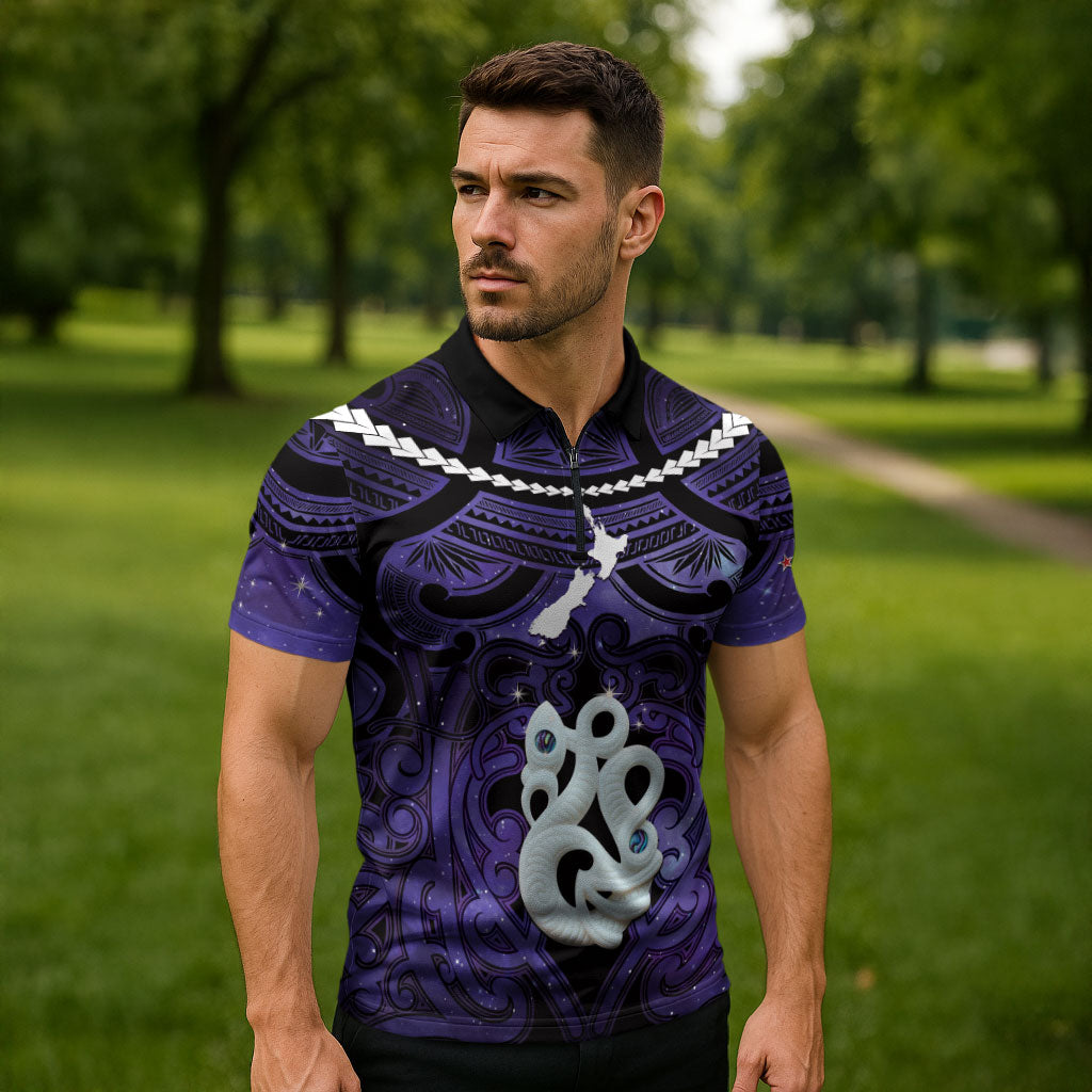 Personalised Maori Matariki Manaia Waiporoporo Zipper Polo Shirt Maori Kowhaiwhai Pattern Galaxy