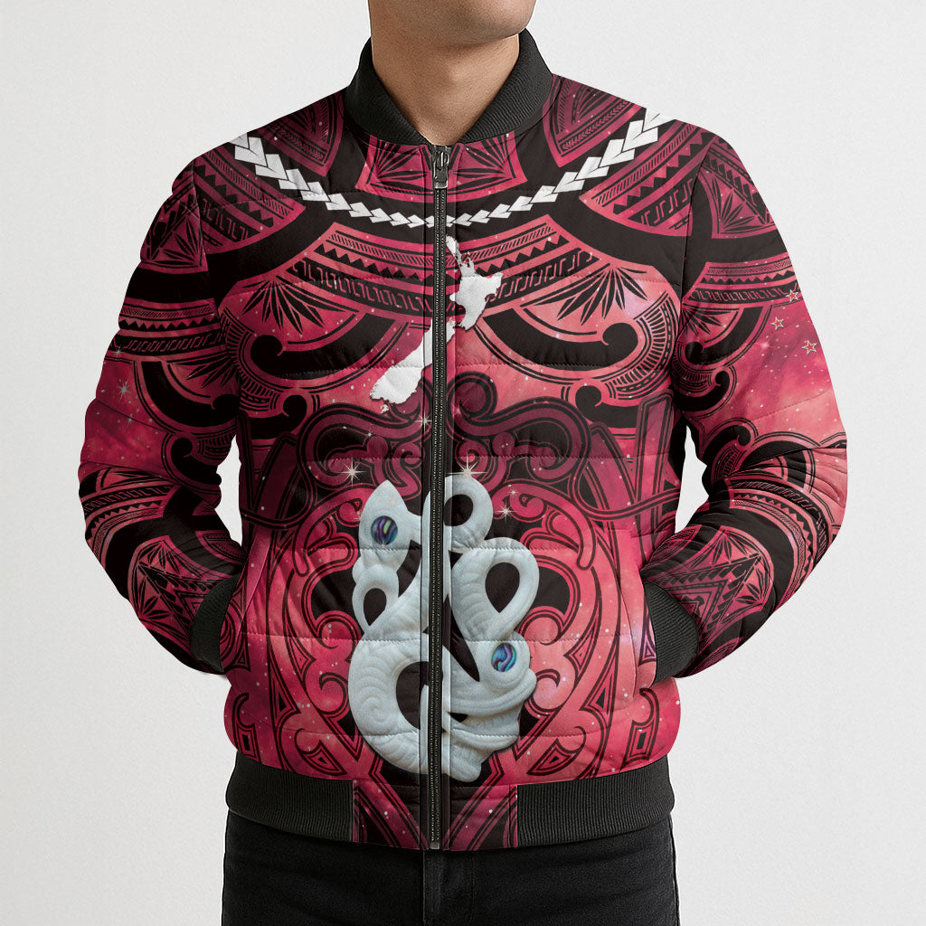 Personalised Maori Matariki Manaia Whero Bomber Puffer Jacket Maori Kowhaiwhai Pattern Galaxy