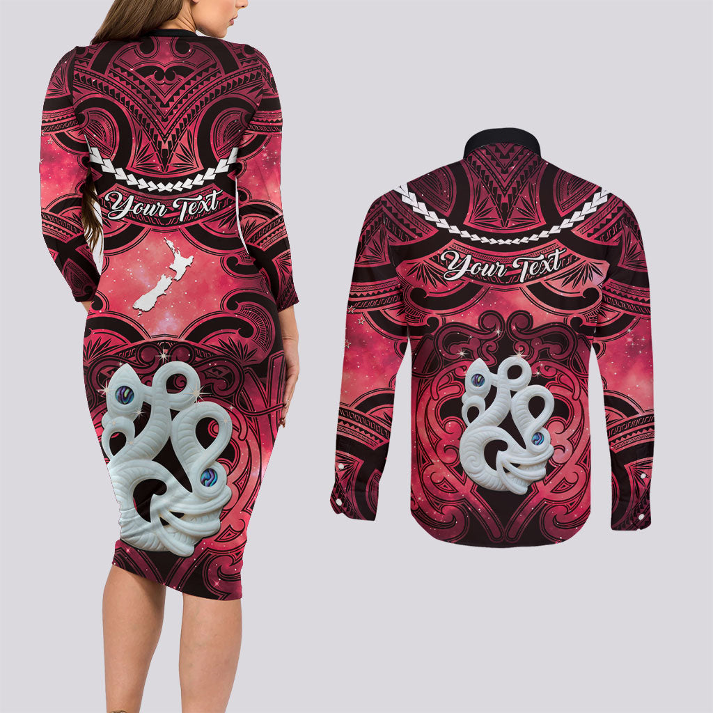 Personalised Maori Matariki Manaia Whero Couples Matching Long Sleeve Bodycon Dress and Long Sleeve Button Shirt Maori Kowhaiwhai Pattern Galaxy LT01 - Polynesian Pride