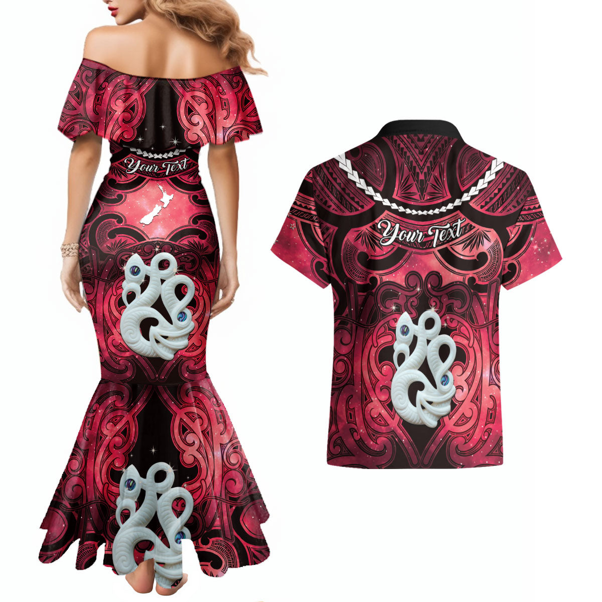 Personalised Maori Matariki Manaia Whero Couples Matching Mermaid Dress and Hawaiian Shirt Maori Kowhaiwhai Pattern Galaxy LT01 - Polynesian Pride