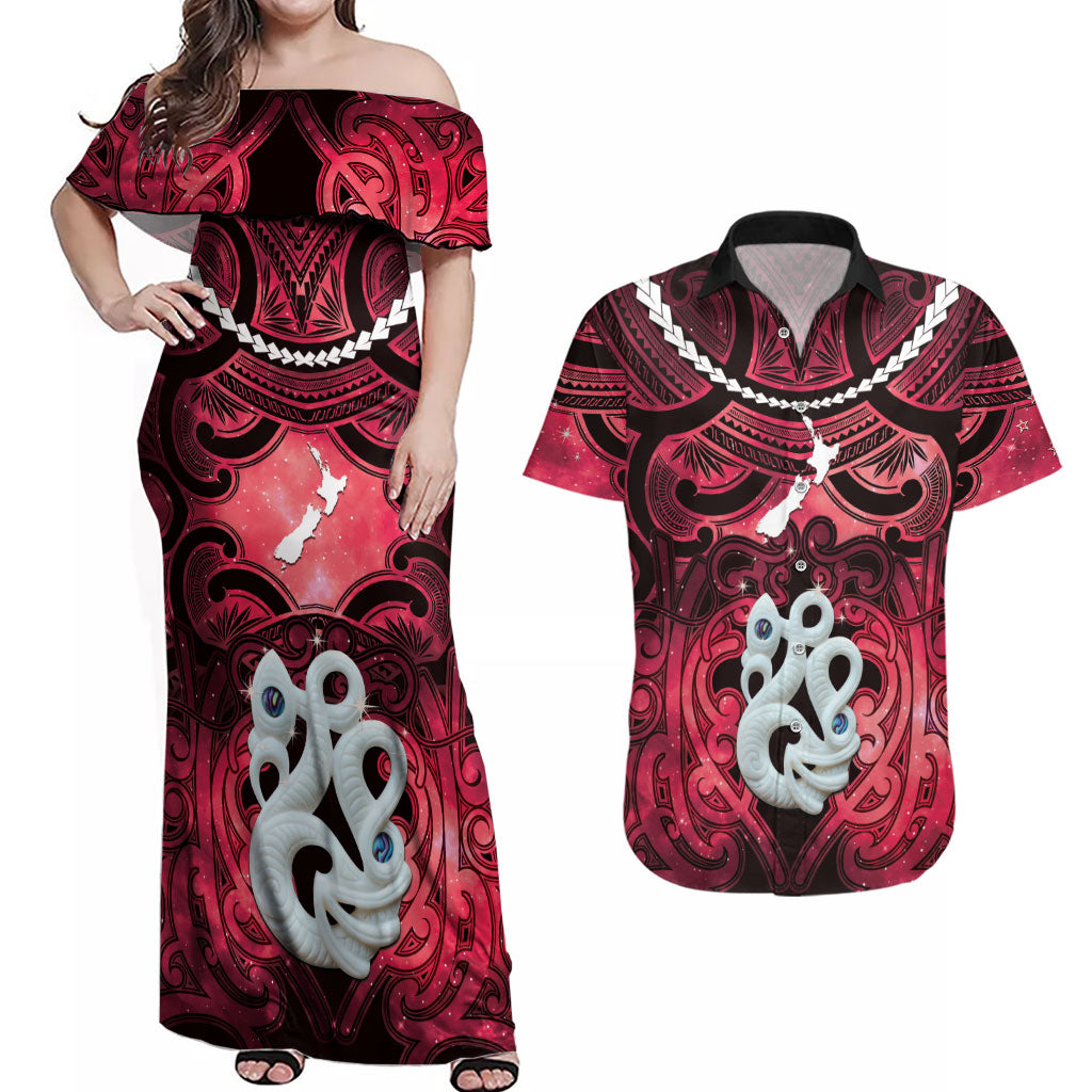 Personalised Maori Matariki Manaia Whero Couples Matching Off Shoulder Maxi Dress and Hawaiian Shirt Maori Kowhaiwhai Pattern Galaxy LT01 Red - Polynesian Pride