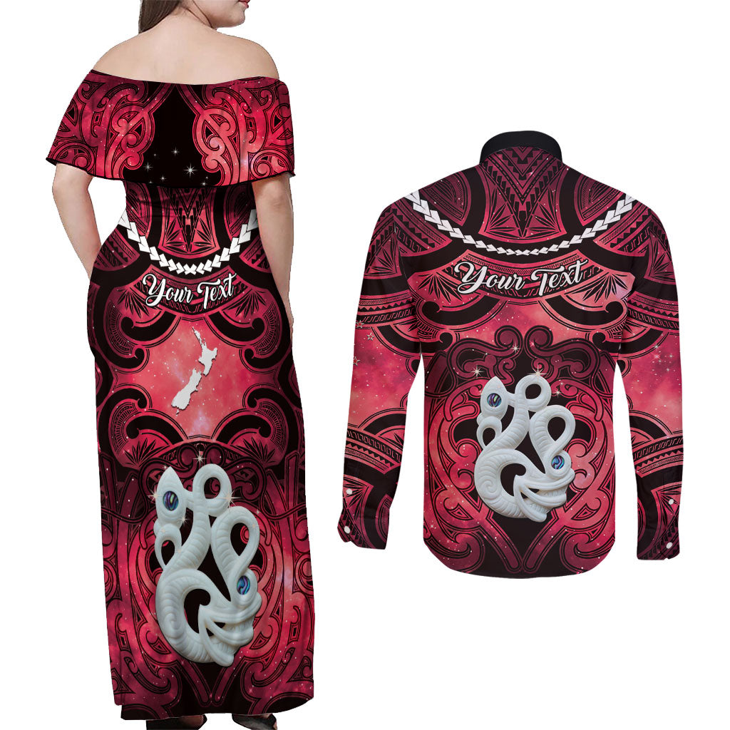 Personalised Maori Matariki Manaia Whero Couples Matching Off Shoulder Maxi Dress and Long Sleeve Button Shirt Maori Kowhaiwhai Pattern Galaxy LT01 - Polynesian Pride