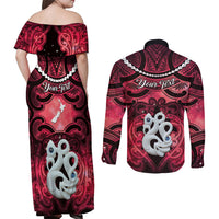 Personalised Maori Matariki Manaia Whero Couples Matching Off Shoulder Maxi Dress and Long Sleeve Button Shirt Maori Kowhaiwhai Pattern Galaxy LT01 - Polynesian Pride