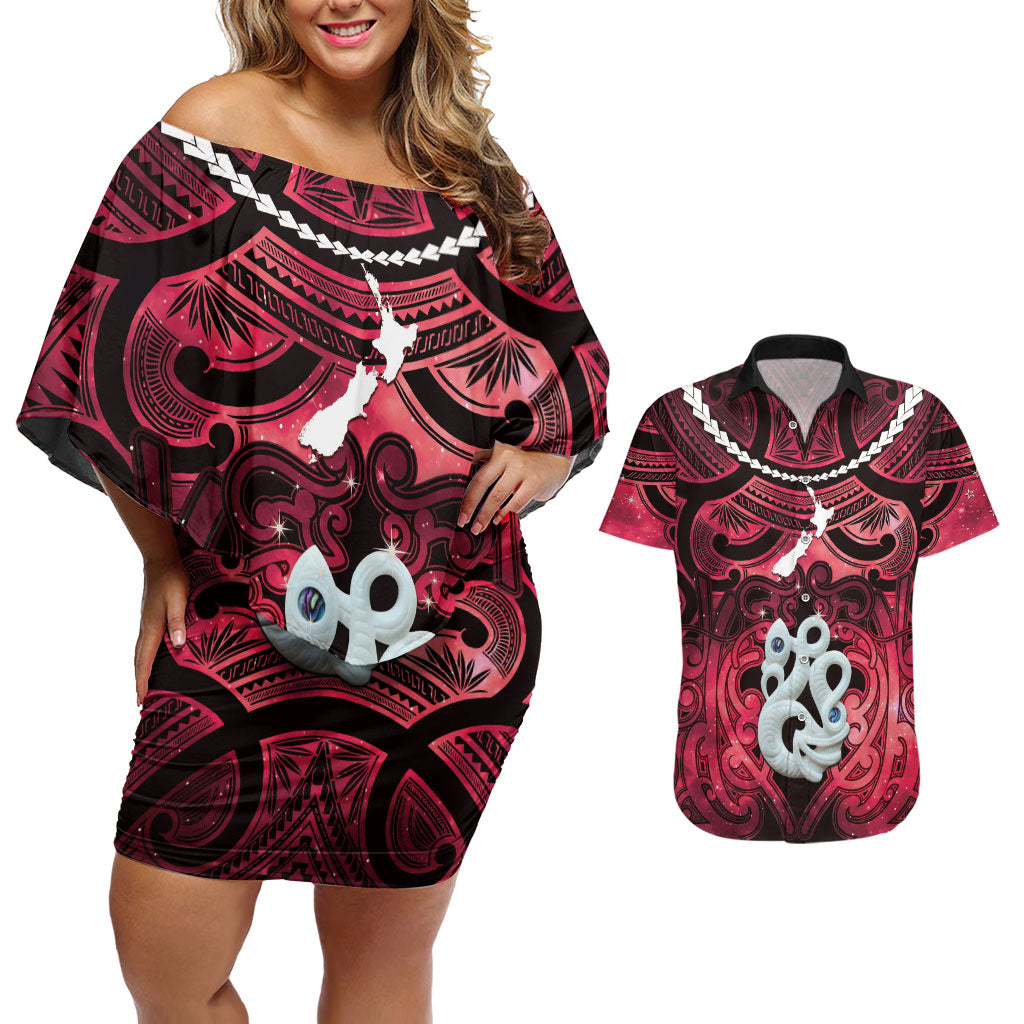 Personalised Maori Matariki Manaia Whero Couples Matching Off Shoulder Short Dress and Hawaiian Shirt Maori Kowhaiwhai Pattern Galaxy