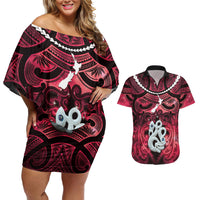 Personalised Maori Matariki Manaia Whero Couples Matching Off Shoulder Short Dress and Hawaiian Shirt Maori Kowhaiwhai Pattern Galaxy LT01 Red - Polynesian Pride
