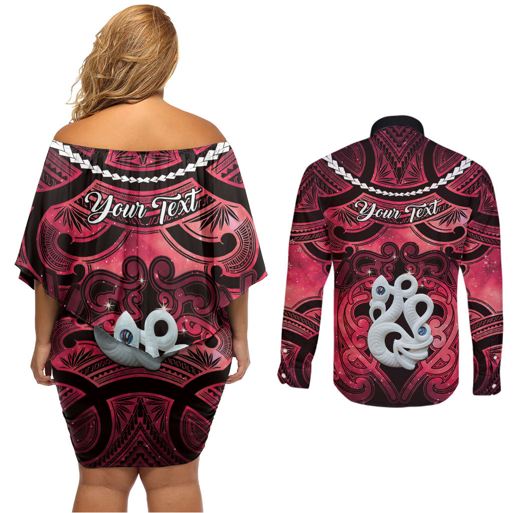 Personalised Maori Matariki Manaia Whero Couples Matching Off Shoulder Short Dress and Long Sleeve Button Shirt Maori Kowhaiwhai Pattern Galaxy LT01 - Polynesian Pride