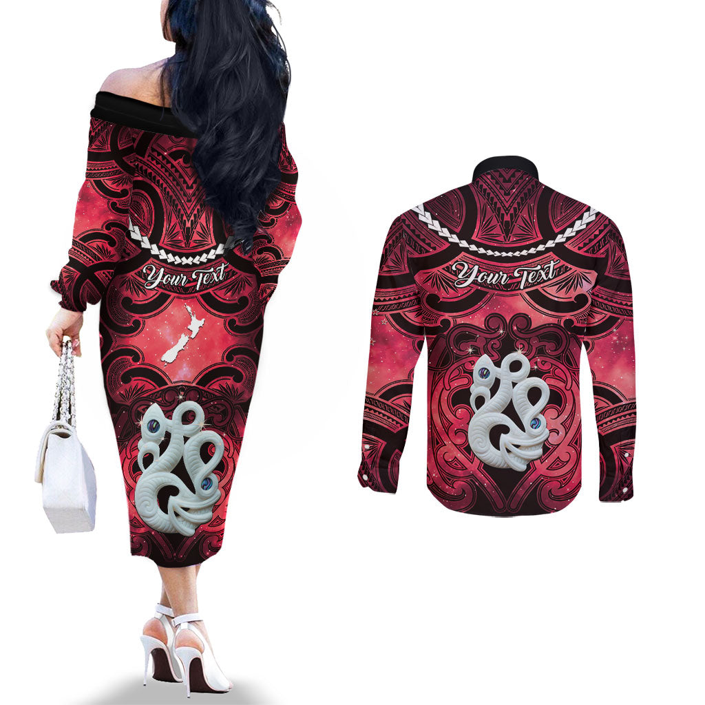 Personalised Maori Matariki Manaia Whero Couples Matching Off The Shoulder Long Sleeve Dress and Long Sleeve Button Shirt Maori Kowhaiwhai Pattern Galaxy LT01 - Polynesian Pride