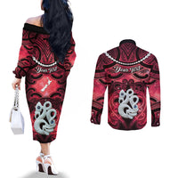 Personalised Maori Matariki Manaia Whero Couples Matching Off The Shoulder Long Sleeve Dress and Long Sleeve Button Shirt Maori Kowhaiwhai Pattern Galaxy LT01 - Polynesian Pride