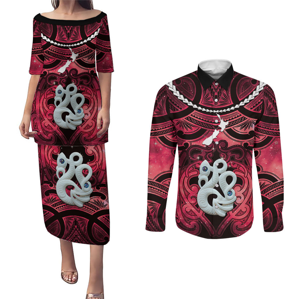Personalised Maori Matariki Manaia Whero Couples Matching Puletasi and Long Sleeve Button Shirt Maori Kowhaiwhai Pattern Galaxy