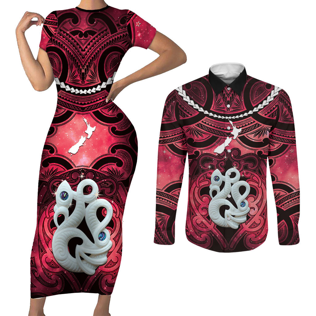 Personalised Maori Matariki Manaia Whero Couples Matching Short Sleeve Bodycon Dress and Long Sleeve Button Shirt Maori Kowhaiwhai Pattern Galaxy